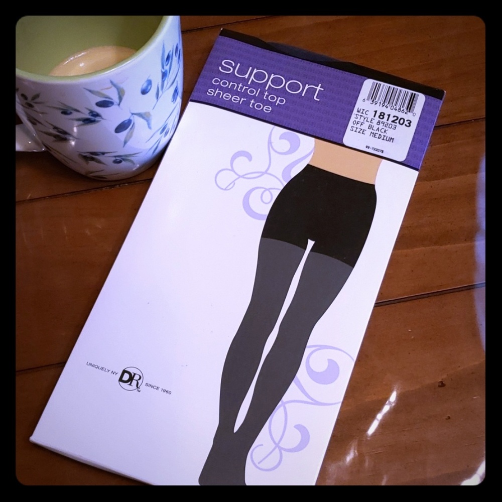 Support, control top, sheer toe pantyhose.